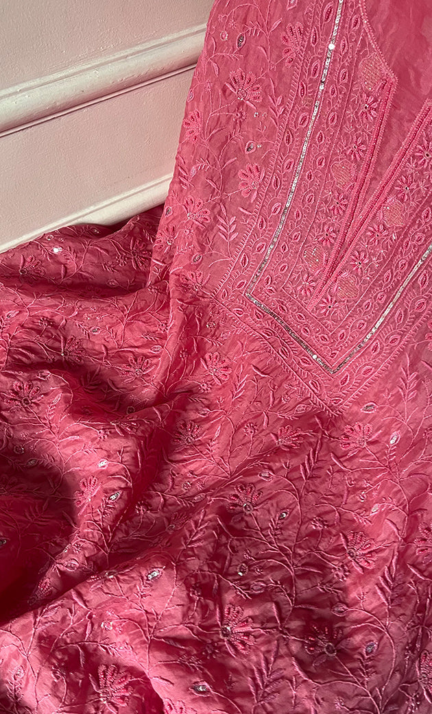 Women's Lakhnavi Handcrafted Pure Organza Chikankari Unstitched Kurta And Dupatta Set- HONC0327846