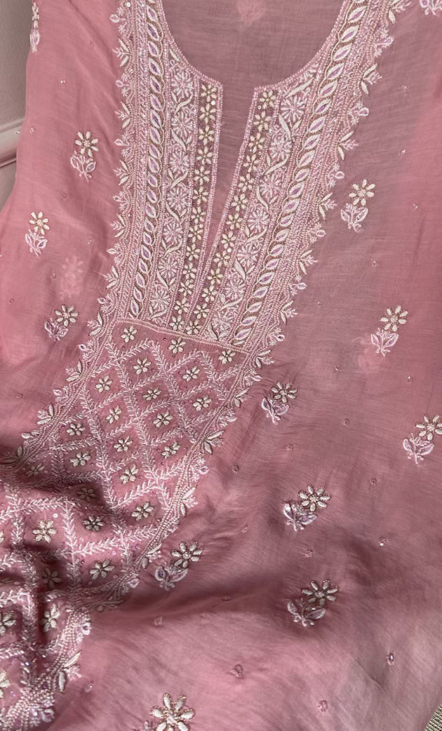 Women's Lakhnavi Handcrafted Mul Chanderi UnStitched Kurta And Dupatta Set - HONC0318517