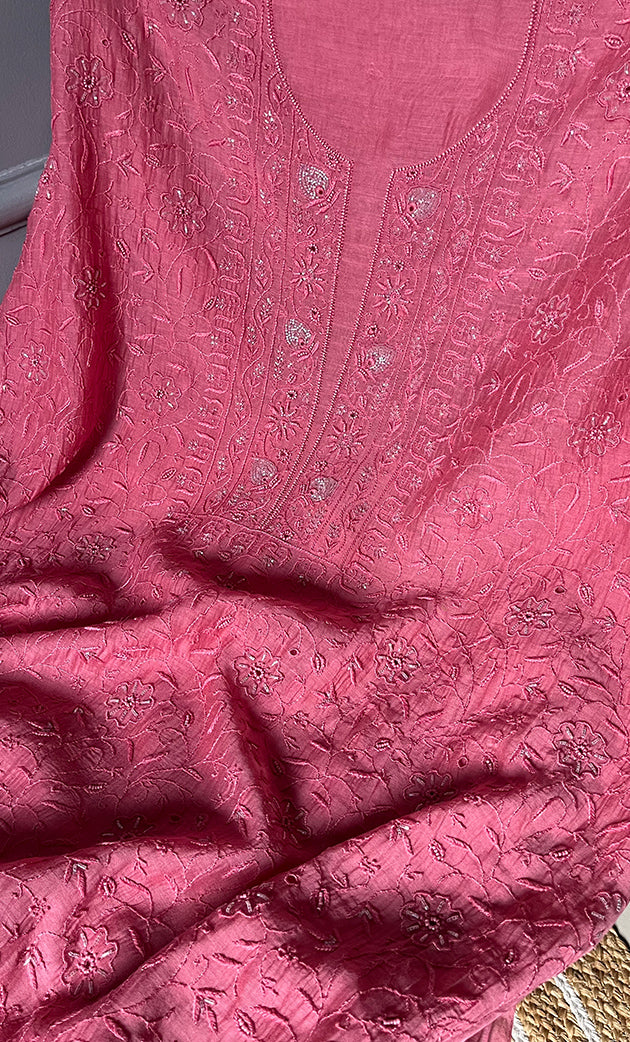 Women's Lakhnavi Handcrafted Mul Chanderi UnStitched Kurta And Dupatta Set - HONC0278915