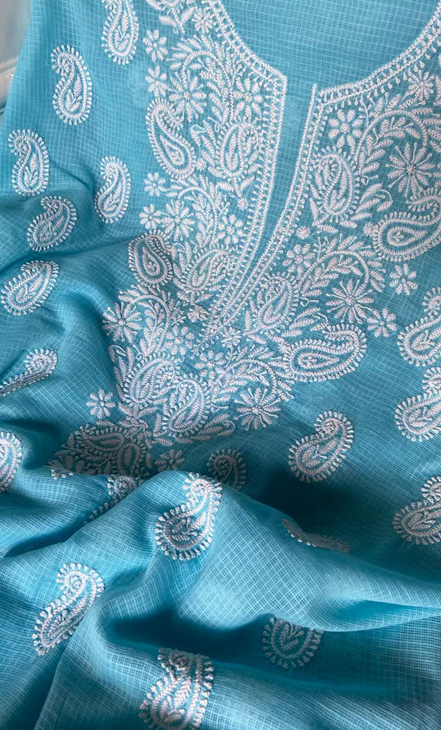 Women's Lucknowi Handcrafted Kota Cotton Chikankari Unstitched Kurta And Dupatta Set - HONC0306633