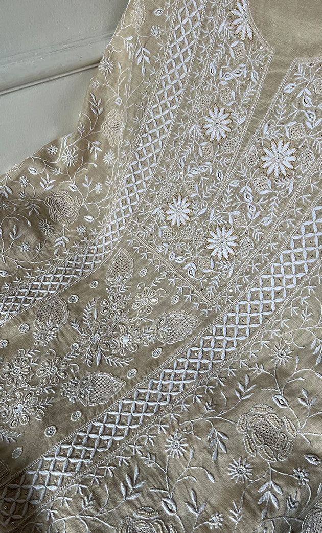 Women's Lakhnavi Handcrafted Unstitched Munga Silk Chikankari Kurta And Dupatta Set- HONC0275374