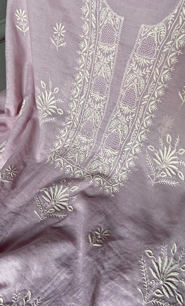 Women's Lakhnavi Handcrafted Mul Chanderi Unstitched Chikankari Full Suit Material - HONC0305158