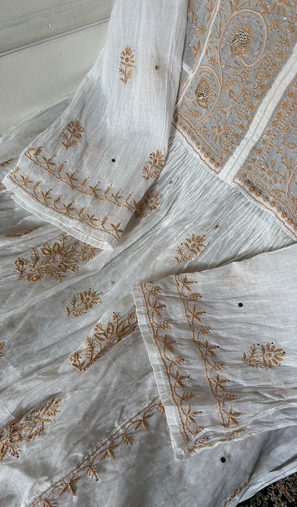 Women's Lakhnavi Handcrafted Mul Chanderi Semi - Stitchd Kurta And Dupatta Set - HONC0322122