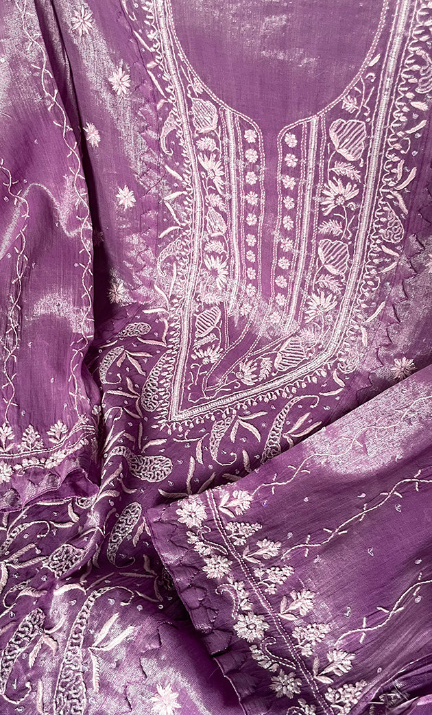 Women's Lakhnavi Handcrafted Tissue Chanderi Semi-Stitched Kurta  And Dupatta Set - HONC0323633