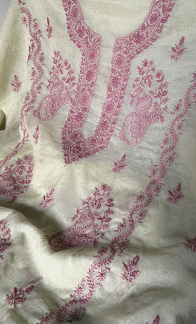 Women's Lakhnavi Handcrafted Mul Chanderi Unstitched Chikankari Full Suit Material - HONC0326123