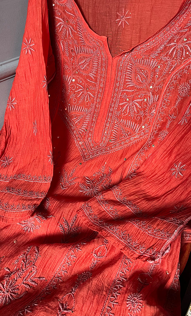 Women's Lakhnavi Handcrafted Mul Chanderi Semi - Stitched Anarkali And Dupatta Set - HONC0282402