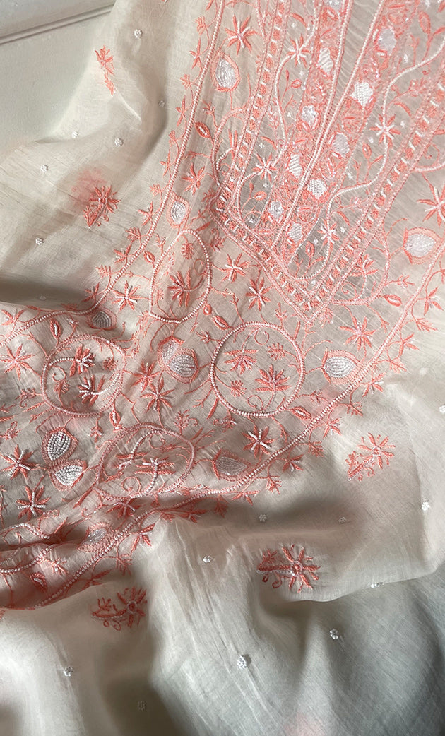 Women's Lakhnavi Handcrafted Unstitched Mul Chanderi Kurta And Dupatta Set - HONC0327490