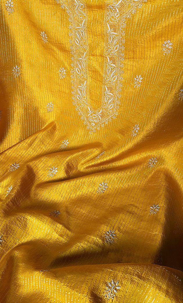 Lucknowi Handcrafted Munga Silk Chikankari Unstitched Men's Kurta Fabric - HONC0302387