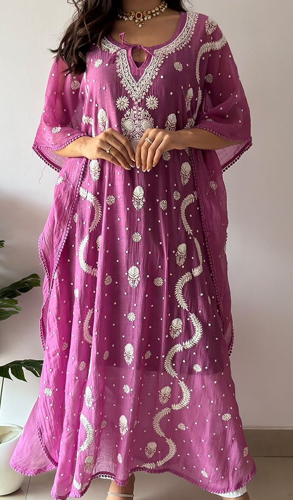 Women's Lucknowi Handcrafted Mul chanderi Chikankari Kaftan - HONC0334561