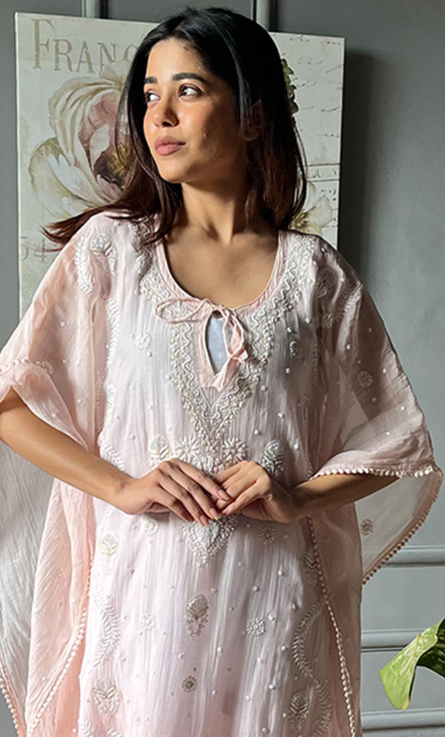 Rabia Women's Lucknowi Handcrafted Mul chanderi Chikankari Kaftan - HONC0304370