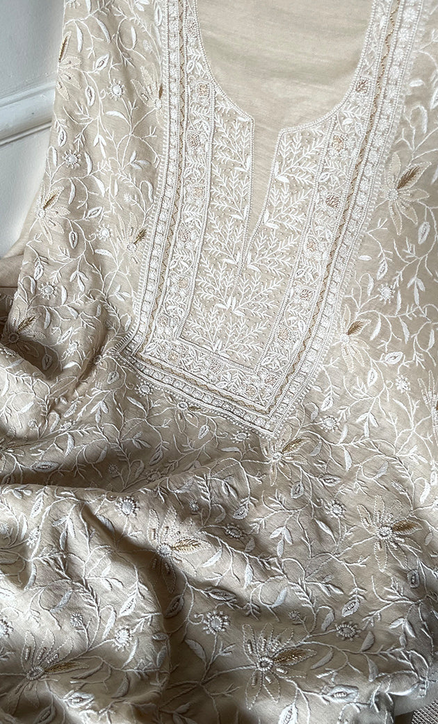Women's Lakhnavi Handcrafted Munga Silk Chikankari Kurta And Dupatta Set- HONC0283182