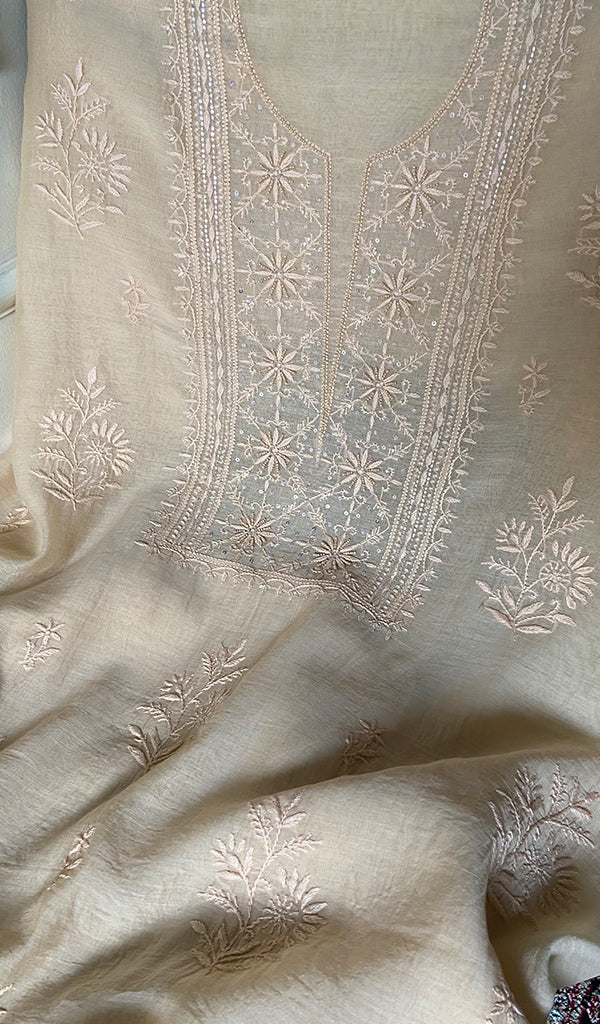 Women's Lakhnavi Handcrafted Mul Chanderi Unstitched Chikankari Full Suit Material - HONC0345053