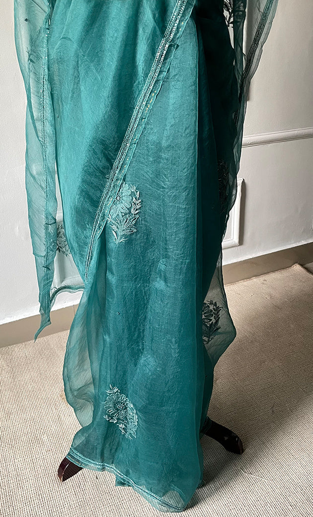 Women's Lucknowi Handcrafted Pure Organza Silk Chikankari Saree - HONC0277626