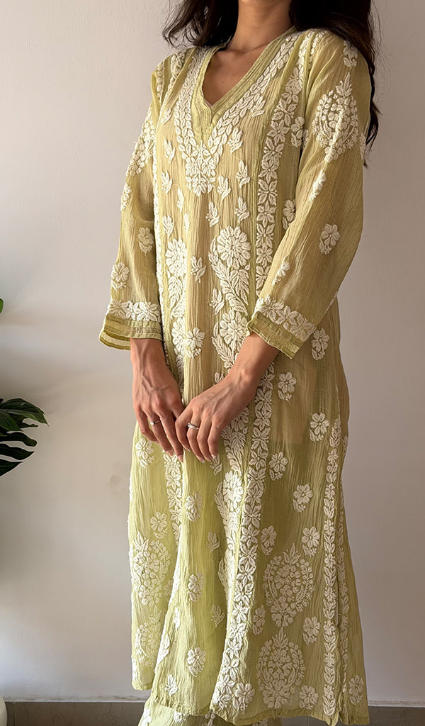 Women's Lucknowi Handcrafted Mul Chanderi Stitched Chikankari Kurta And Plazzo Set-  HONC0378818