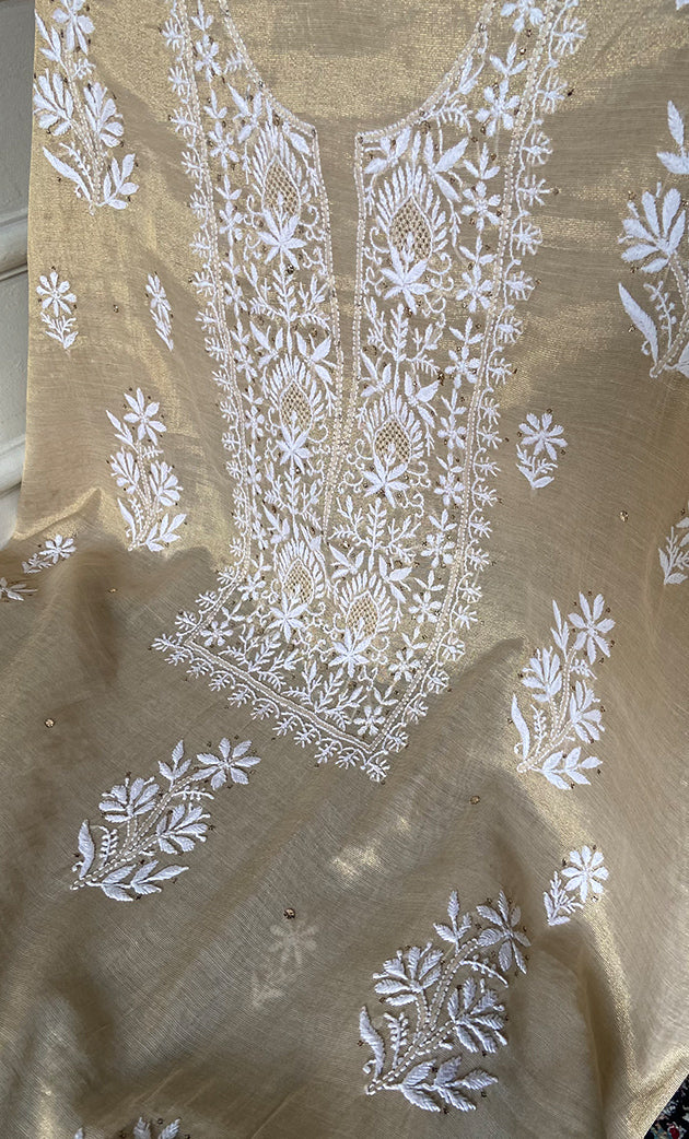 Women's Lakhnavi Handcrafted Tissue Chanderi Unstitched Chikankari Kurta And Dupatta Set - HONC0273276