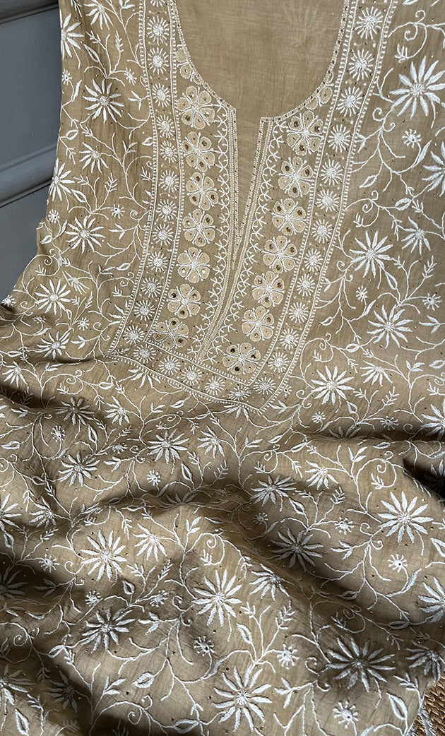 Women's Lakhnavi Handcrafted Mul Chanderi Unstitched Kurta And Dupatta Set - HONC0296493