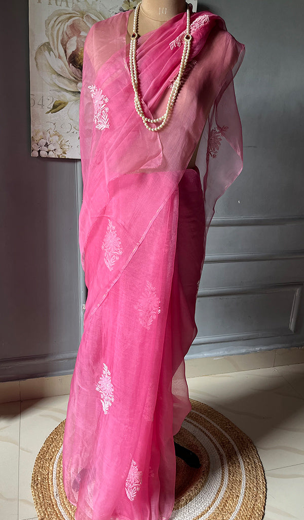 Women's Lucknowi Handcrafted Pure Organza Silk Chikankari Saree - HONC0294650