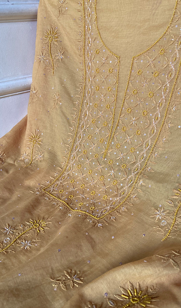 Women's Lakhnavi Handcrafted Mul Chanderi Unstitched Chikankari Full Suit Material - HONC0328108