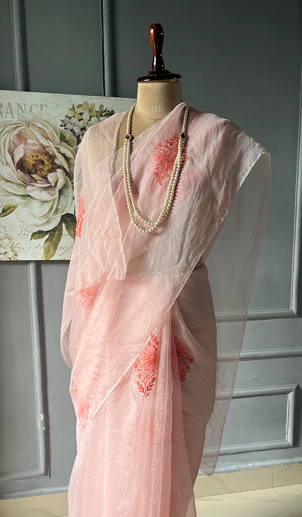 Women's Lucknowi Handcrafted Pure Organza Silk Chikankari Saree - HONC0294652