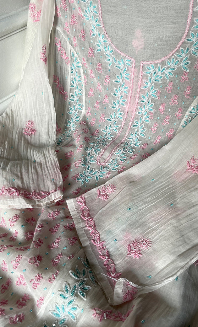 Saziya Women's Lakhnavi Handcrafted Mul Chanderi Semi - Stitched Kurta And Dupatta Set - HONC0311488