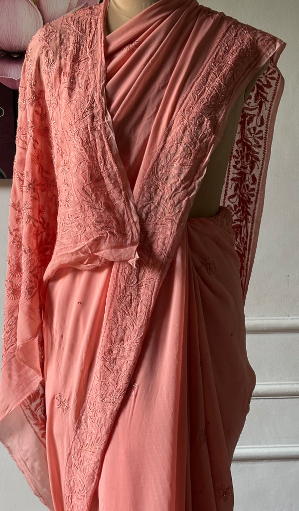 Women's Lakhnavi Handcrafted Viscose Georgette Chikankari Saree - HONC0337525