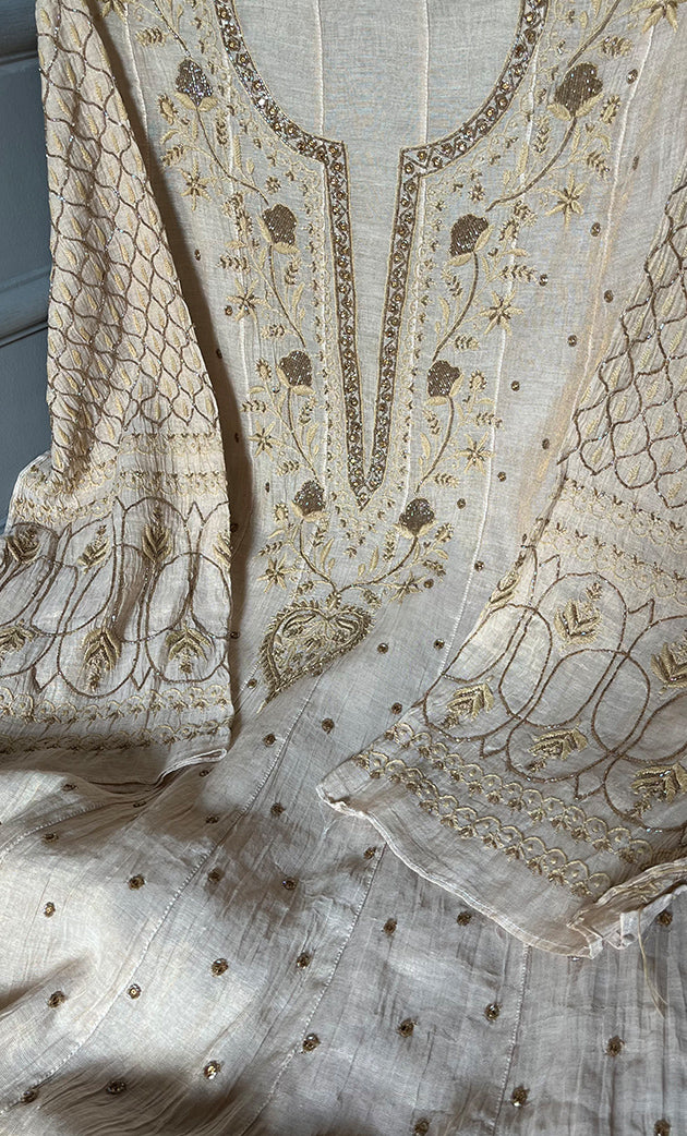 Women's Lakhnavi Handcrafted Tissue Chanderi Unstitched Anarkali And Dupatta Set - HONC0285738