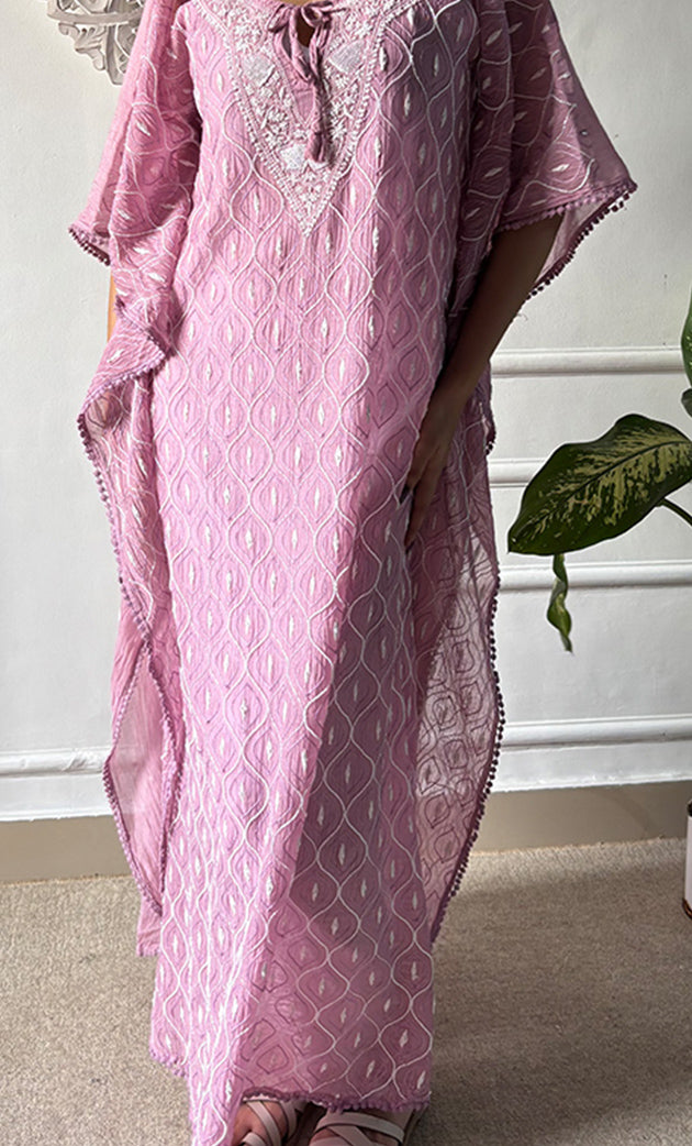 Rabia Women's Lucknowi Handcrafted Mul chanderi Chikankari Kaftan - HONC0326232