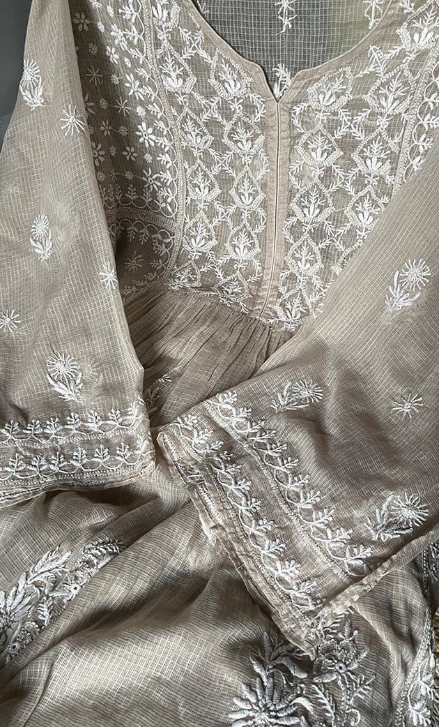 Women's Lakhnavi Handcrafted Kota Cotton Semi -Stitched Kurta And Dupatta Set- HONC0304839