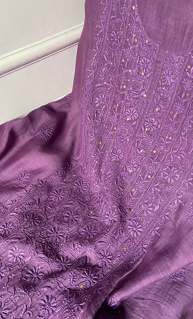 Women's Lakhnavi Handcrafted Mul Chanderi Unstitched Chikankari Full Suit Material - HONC0324495