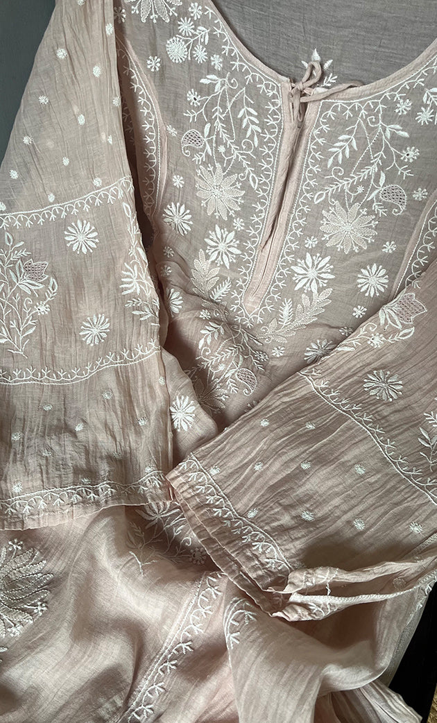 Women's Lakhnavi Handcrafted Mul Chanderi Semi - Stitched Anarkali And Dupatta Set - HONC0304465