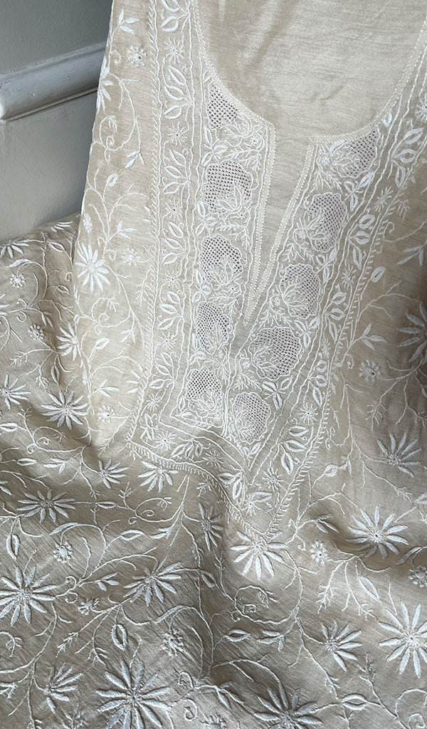 Women's Lakhnavi Handcrafted Munga Silk Chikankari Kurta And Dupatta Set- HONC0259743