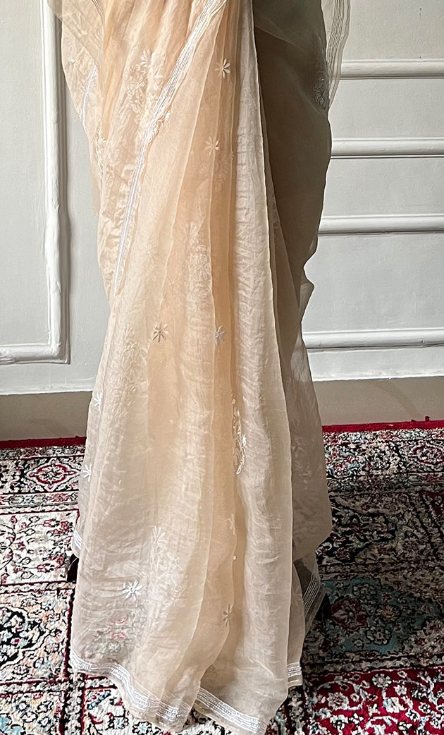 Women's Lucknowi Handcrafted Pure Organza Silk Chikankari Saree - HONC0321768