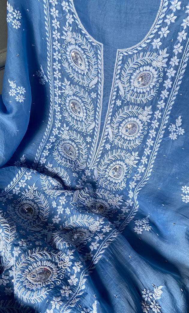 Women's Lakhnavi Handcrafted Pure Organza Chikankari Unstitched Kurta And Dupatta Set- HONC0309609