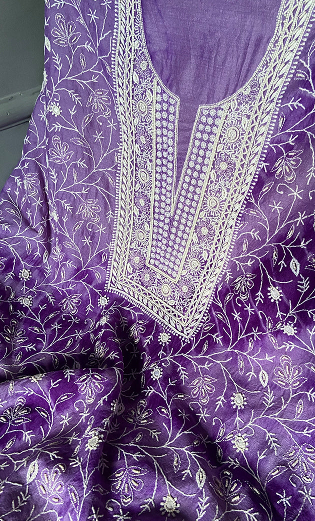 Women's Lakhnavi Handcrafted Munga Silk Chikankari Kurta And Dupatta Set- HONC0256126