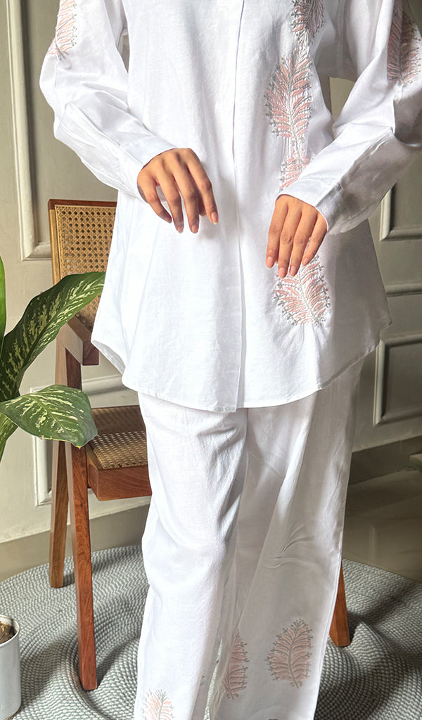 Enayat Women's Lakhnavi Handcrafted Linen Cotton Oversized  Chikankari Oversized Kurta And Pant Set - HONC0293680