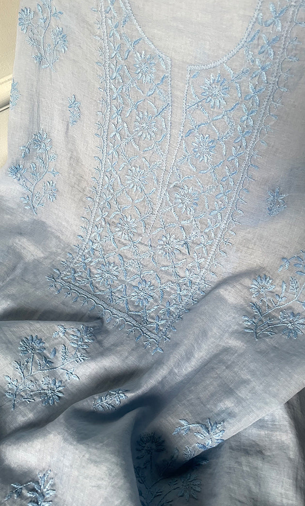 Women's Lakhnavi Handcrafted Mul Chanderi Unstitched Chikankari Full Suit Material - HONC0319533
