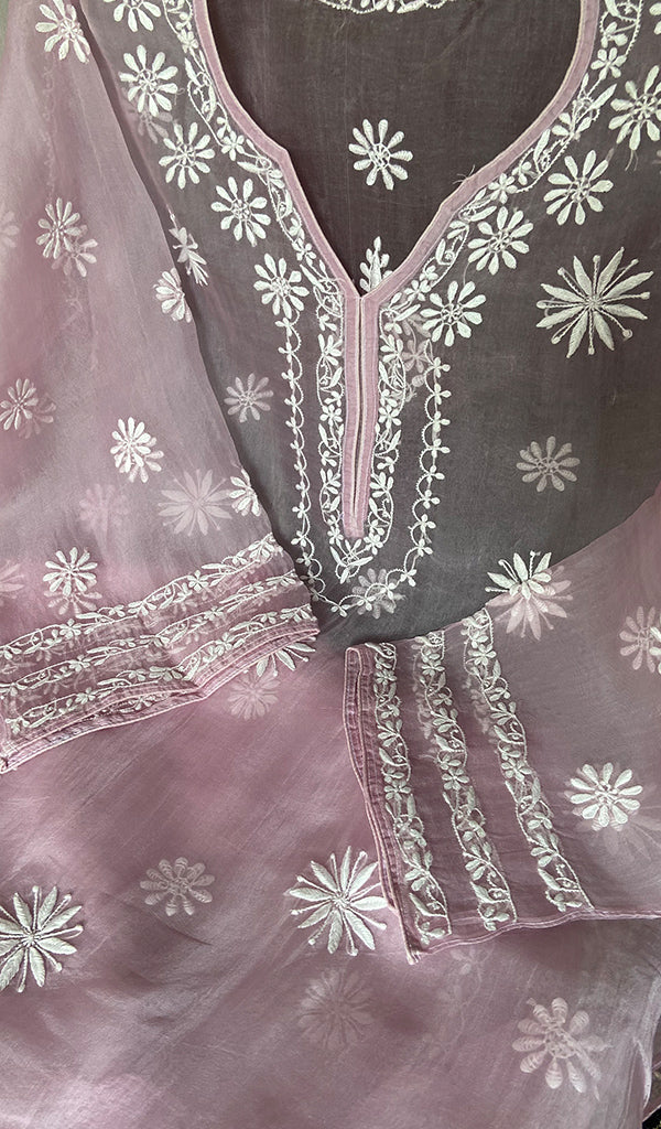 Women's Lakhnavi Handcrafted Pure Organza Chikankari Semi - Stitched Kurta And Dupatta Set- HONC0348613
