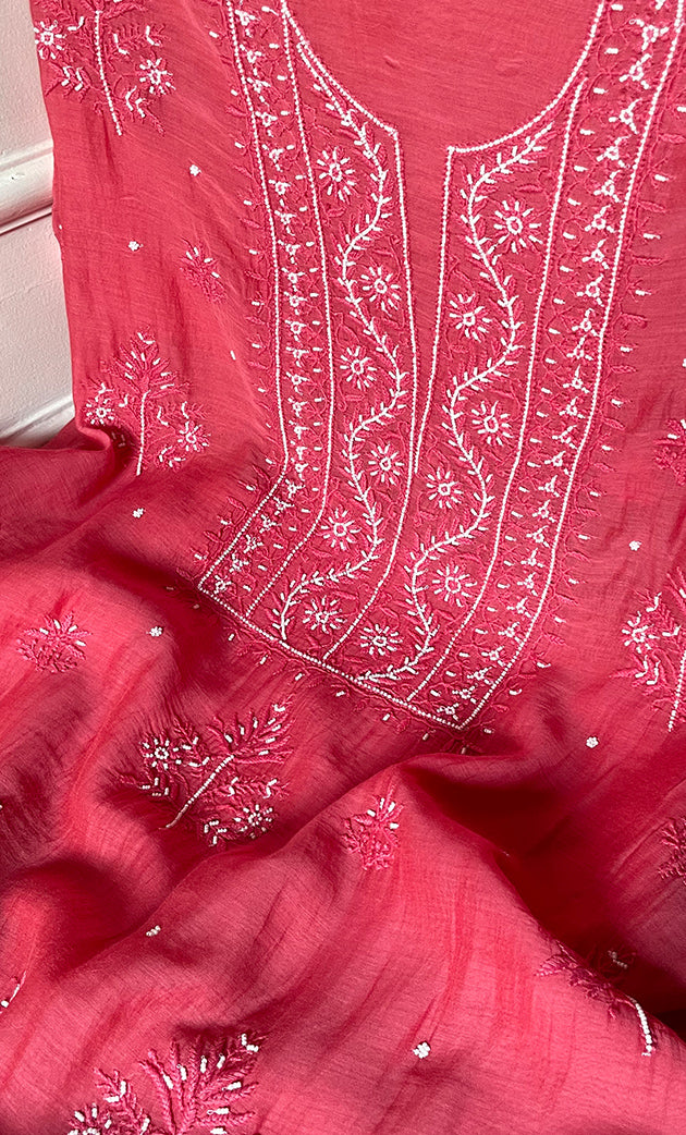 Women's Lakhnavi Handcrafted Mul Chanderi Unstitched Chikankari Full Suit Material - HONC0304383