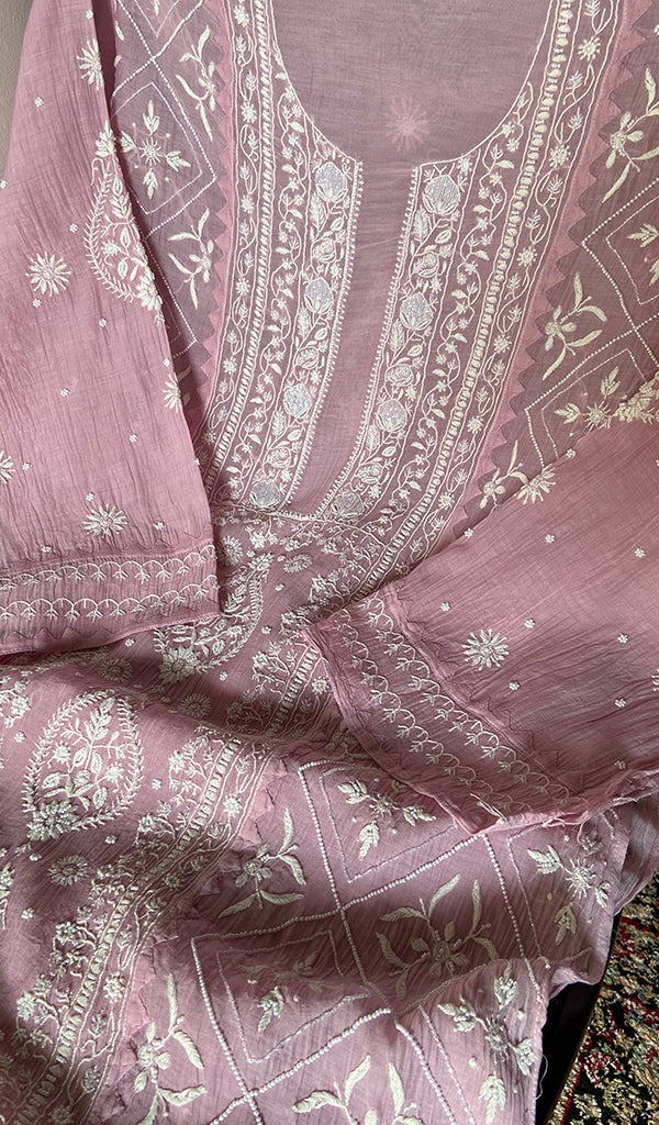 Women's Lakhnavi Handcrafted Mul Chanderi Semi - Stitched Chikankari Full Suit Material - HONC0360100