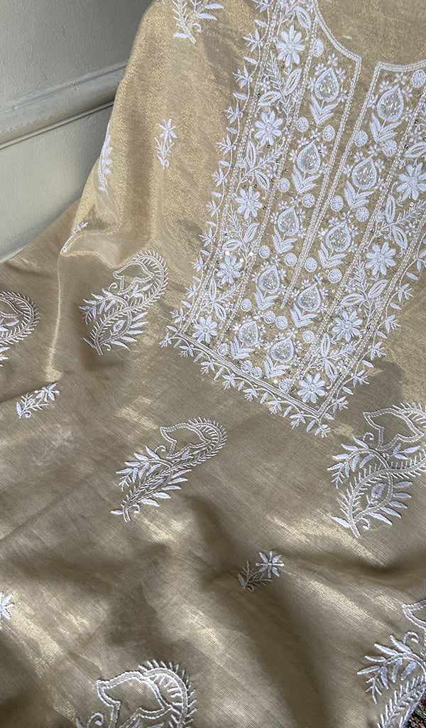 Women's Lakhnavi Handcrafted Tissue Chanderi Unstitched Chikankari Kurta And Dupatta Set - HONC0366822