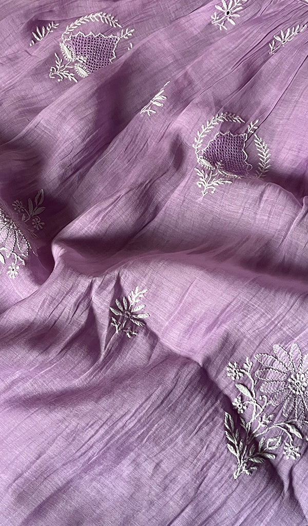 Women's Lakhnavi Handcrafted Mul Chanderi Chikankari Semi - Stitched Kurta Dupatta Set - HONC0235319