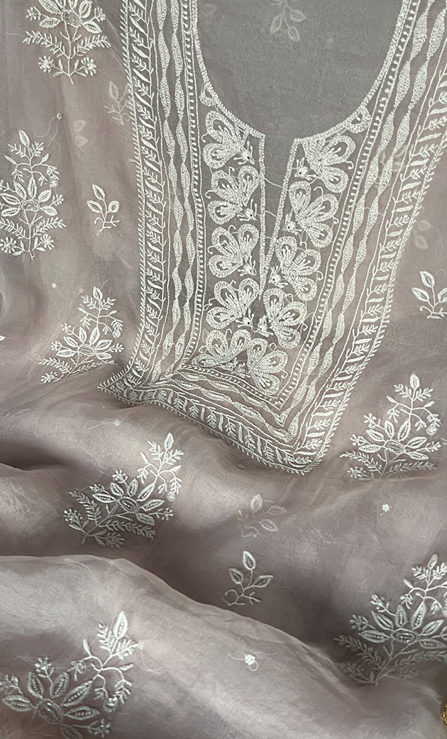 Women's Lakhnavi Handcrafted Pure Organza Chikankari Unstitched Kurta And Dupatta Set- HONC0304478