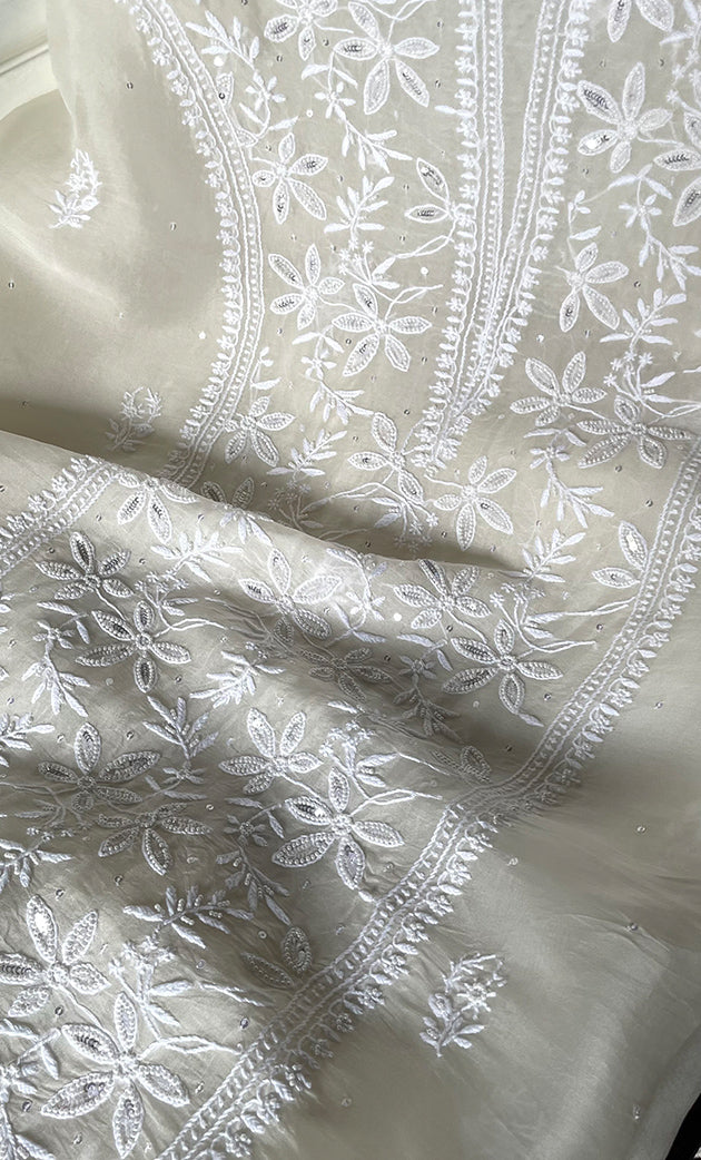 Women's Lakhnavi Handcrafted Pure Organza Chikankari Unstitched Kurta And Dupatta Set- HONC0328886