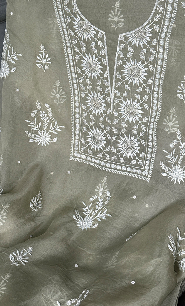 Women's Lakhnavi Handcrafted Pure Organza Chikankari Unstitched Kurta And Dupatta Set- HONC0307947