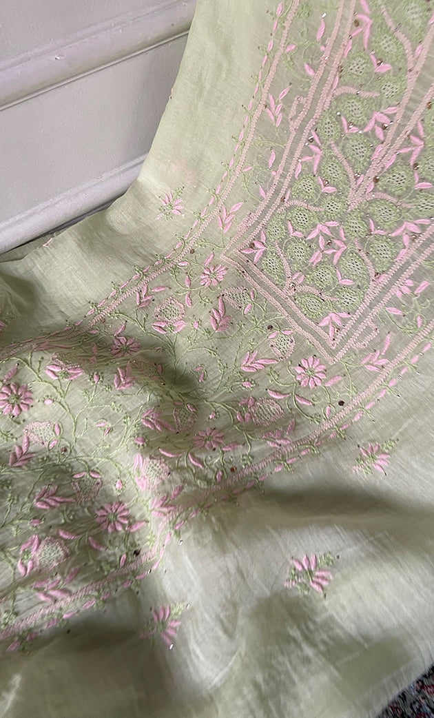 Women's Lakhnavi Handcrafted Mul Chanderi Unstitched Chikankari Full Suit Material - HONC0324497