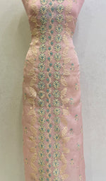 将图像加载到图库查看器中， Lucknowi Handcrafted Pure Organza Silk Chikankari Unstitched Kurti Fabric - HONC0147323
