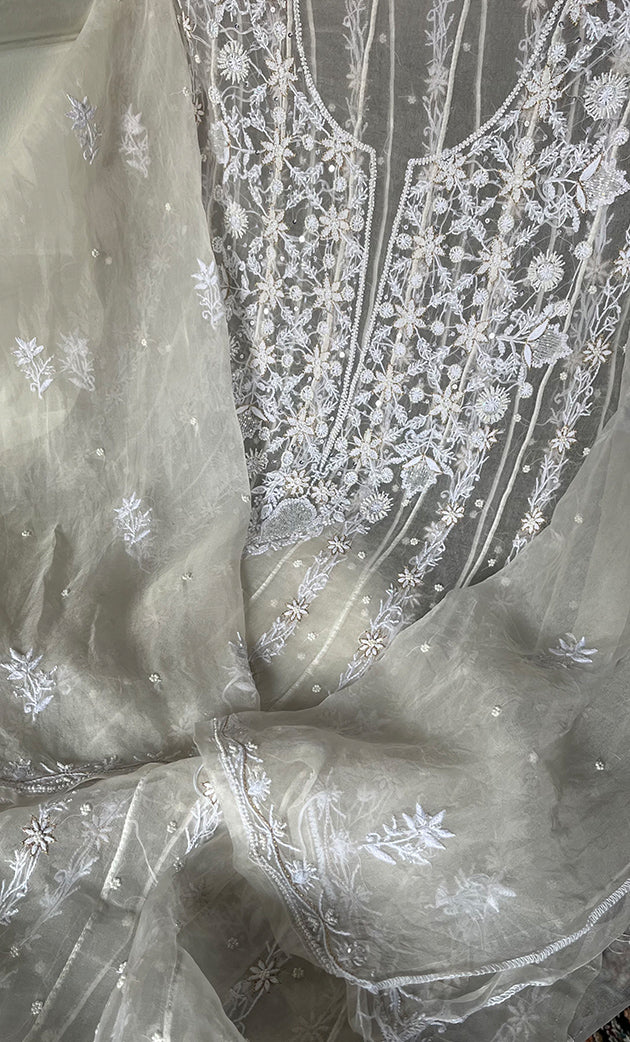 Women's Lakhnavi Handcrafted Pure Organza Chikankari Semi -stitched Anarkali And Dupatta Set - HONC0328513