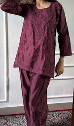 Load image into Gallery viewer, Women's Lakhnavi Handcrafted Chanderi Silk Chikankari Top And Pant Set - HONC0358278