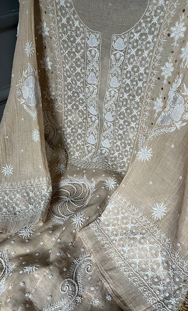 Women's Lakhnavi Handcrafted Tissue Chanderi Unstitched Anarkali And Dupatta Set - HONC0279552