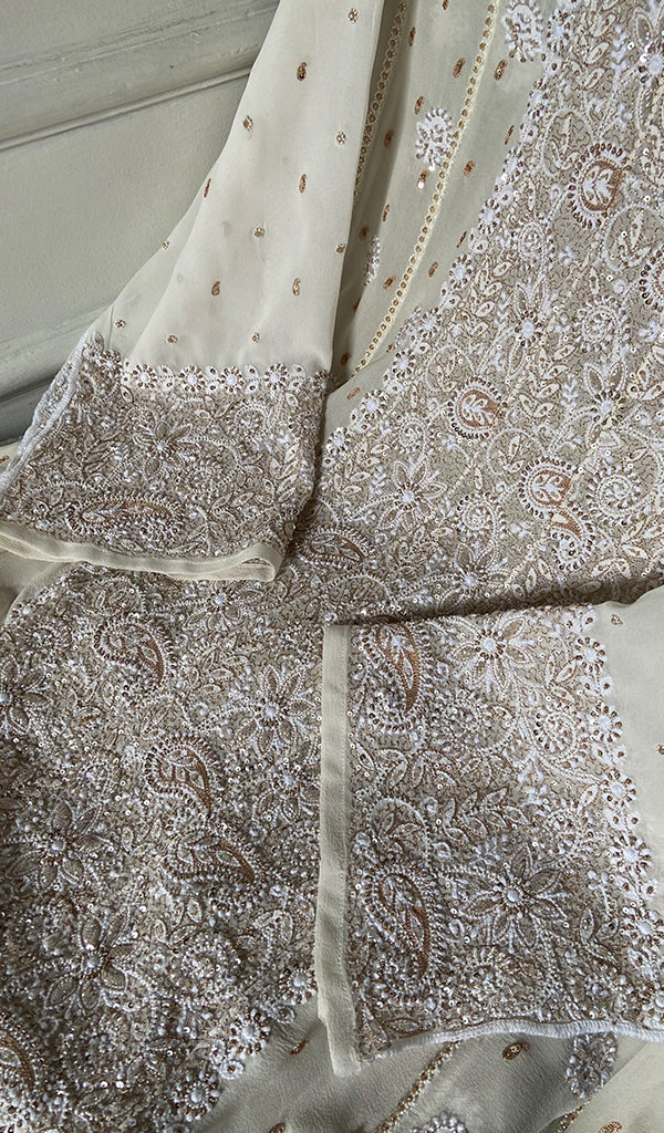 Women's Lakhnavi Handcrafted Pure Silk Georgette Chikankari Semi - stitched Anarkali And Dupatta Set- HONC0334398